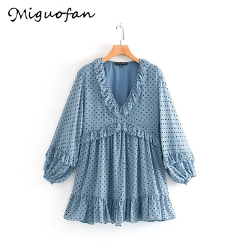 

Miguofan dot printed mini dress V neck ruffles dress women dresses lace up vintage female loose dresses blue vestidos 2019 New
