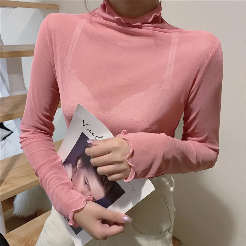 TingYiLi High Neck Sheer Mesh Top Women Long Sleeve Turtleneck T-shirt Korean Sexy See Through Black White Pink Purple Shirt tee shirts