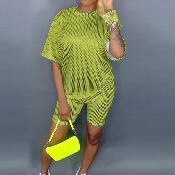 

Hot Stamping Casual Short Sleeve Two Piece Sets Gold Women O Neck Tops With Shorts Tracksuits Club Sexy Outfits Rompers