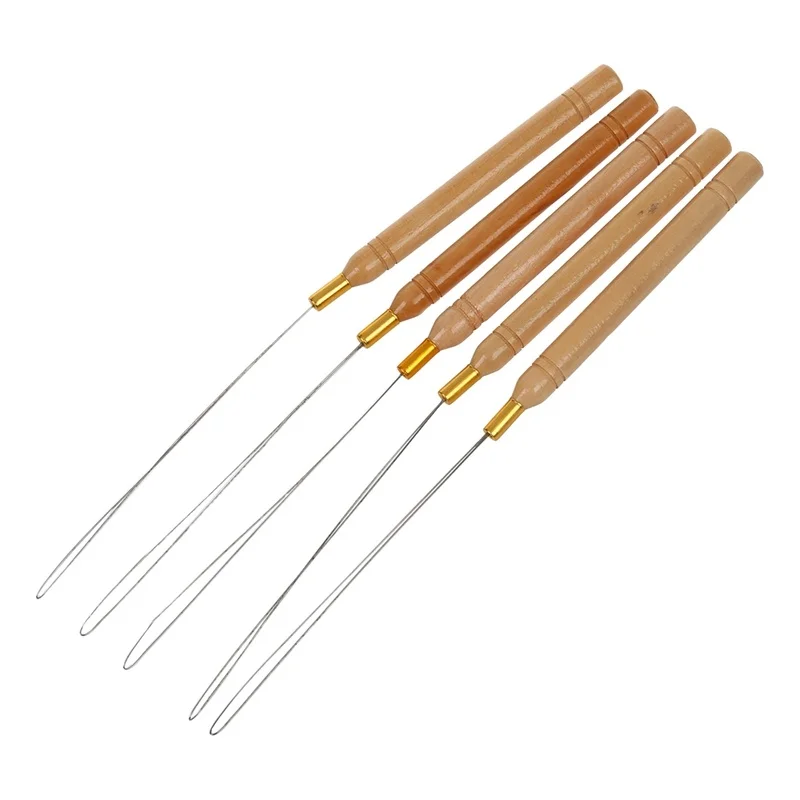 

5Pcs Wooden Handle Hair Extensions Loop Needle Threader Pulling Tool