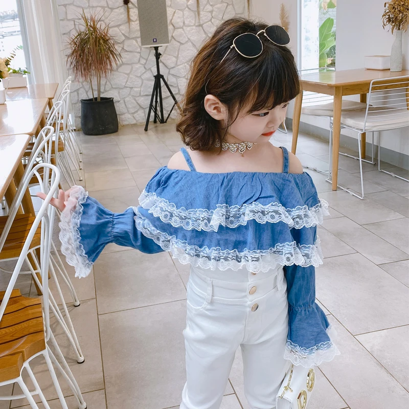 

Spring Autumn girls blouse Baby denim shirt kids fashion tops Children streetwear strap shoulderless lace ruched 3 to 9 yrs