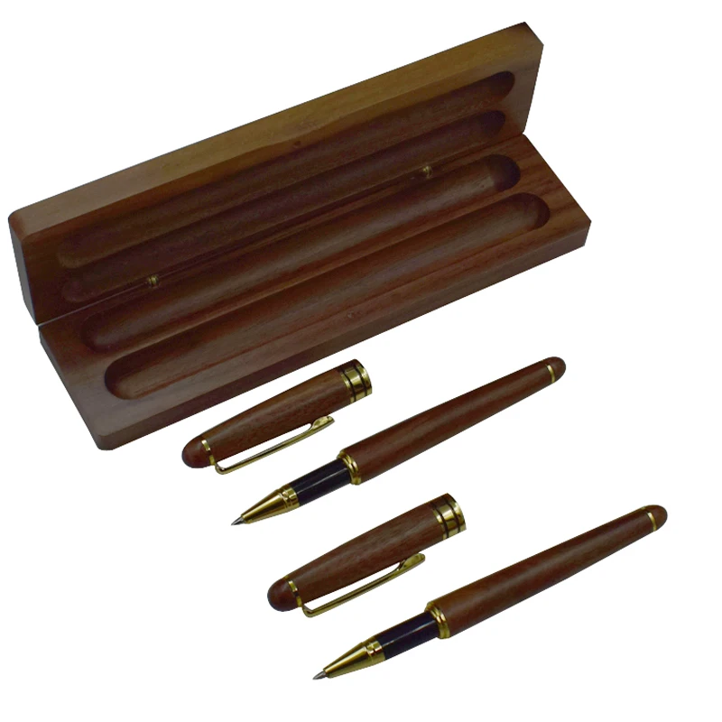 

Nature Walnut Wood Gel Pen With Case Set Black Blue Ink Writing Signature Pens Office School Stationery Gift