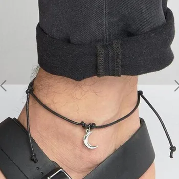 Reclaimed Vintage Inspired Anklet With Moon Pendant Black Leather Cord Lucky Bracelet Anklet Adjustable For Men Women Surf