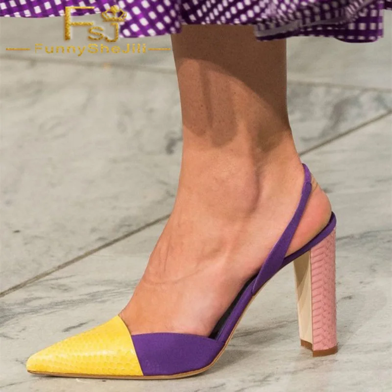 

Yellow Purple Pink Mixed Color Pumps Python Print Chunky Heels Pointy Toe Spring Autumn Slingback Shoes Women Customization FSJ