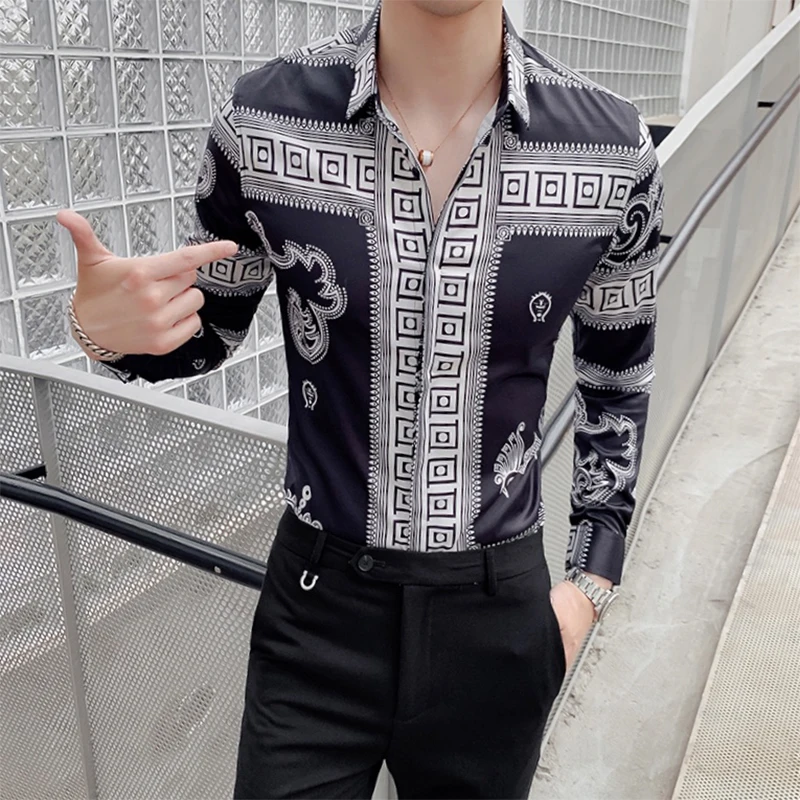 Мужская брендовая рубашка с принтом 2019 Повседневная длинным рукавом Camisas Hombre