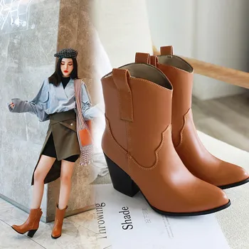 

Fashion Boots Shoes Woman Wedges Pointed End Cossacks Boots Heel High Shoes Chunky Square Heel High Riding, Equestrian