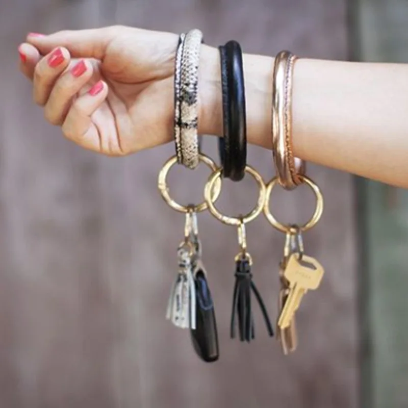 

PU Leather Leopard-print Bracelet Key Ring For Men Fashion Handmade PU Leather Gold Alloy Accessories Key Chain Snakeskin Grain