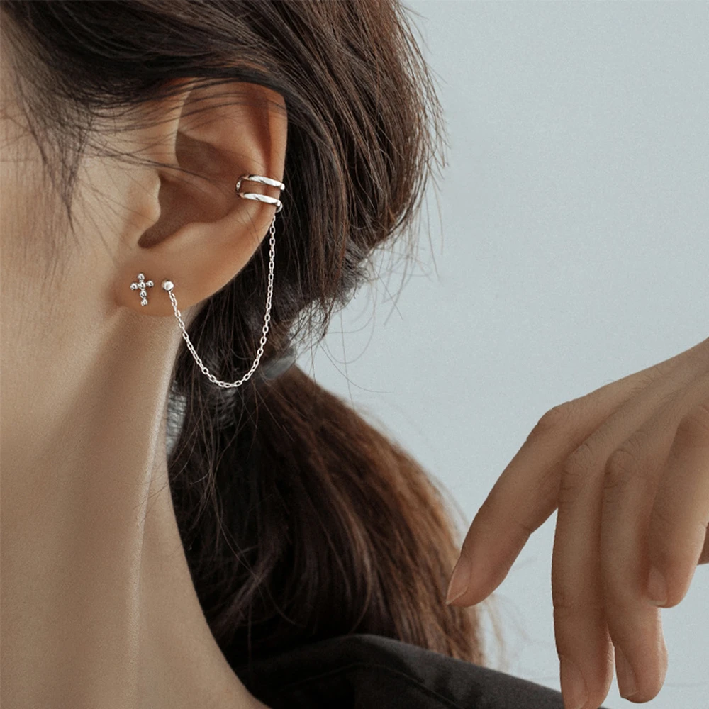 1set Ear Cuff Clip Chain Tassel Clip on Earring Asymmetric Cross Earrings For Women Korea Creative Jewelry Female  Earcuff
