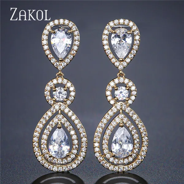 Gold Color ZAKOL Роскошные серьги в форме капли воды с кубическим цирконием для элегантных женщин, свадебные ювелирные изделия FSEP2115 - Окраска металла: Gold Color