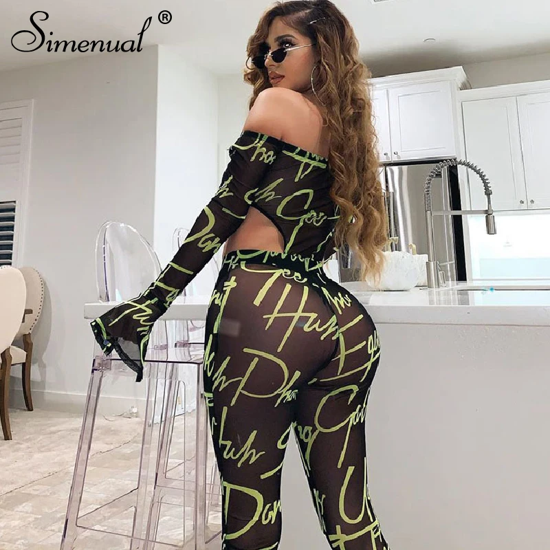 Simenual Mesh Sexy Hot Transparent Women Co-ord Set Letter Print Off Shoulder 2 Piece Outfit Long Sleeve Bodysuit And Pants Sets Simenual Mesh Sexy Hot Transparent Women Co-ord Set Letter Print Off Shoulder 2 Piece Outfit Long Sleeve Bodysuit And Pants Sets