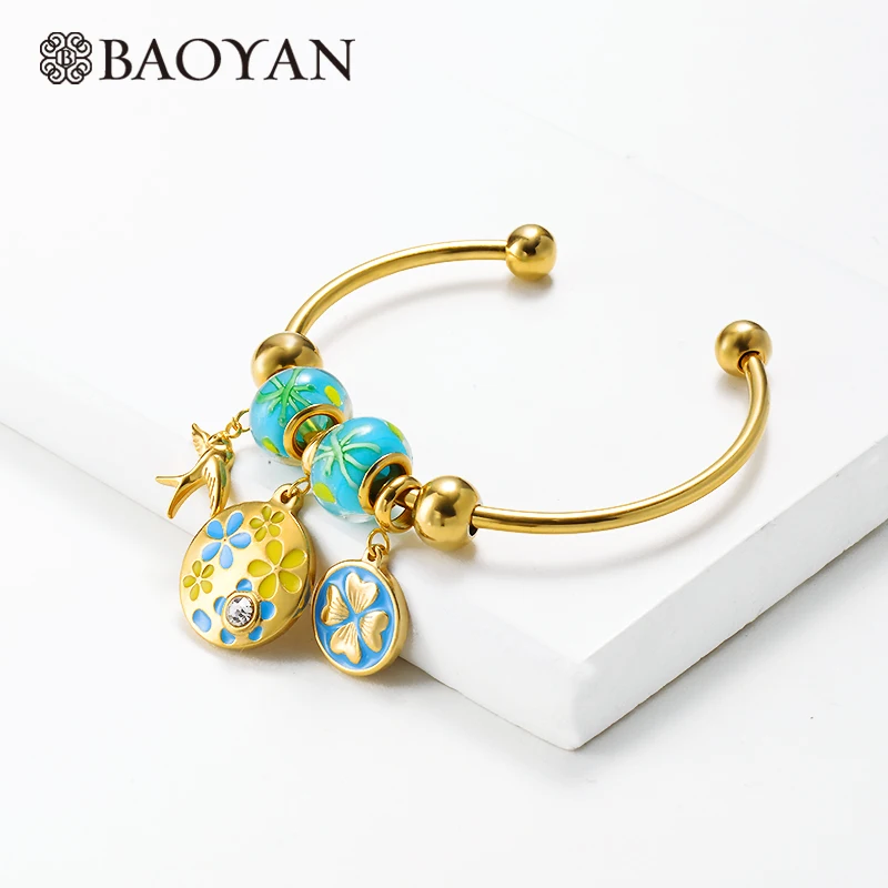 Baoyan, ручной работы, эмалированный браслет, позолота, нержавеющая сталь, открытые манжеты, браслеты, слон, сова, дерево, очаровательные браслеты для женщин