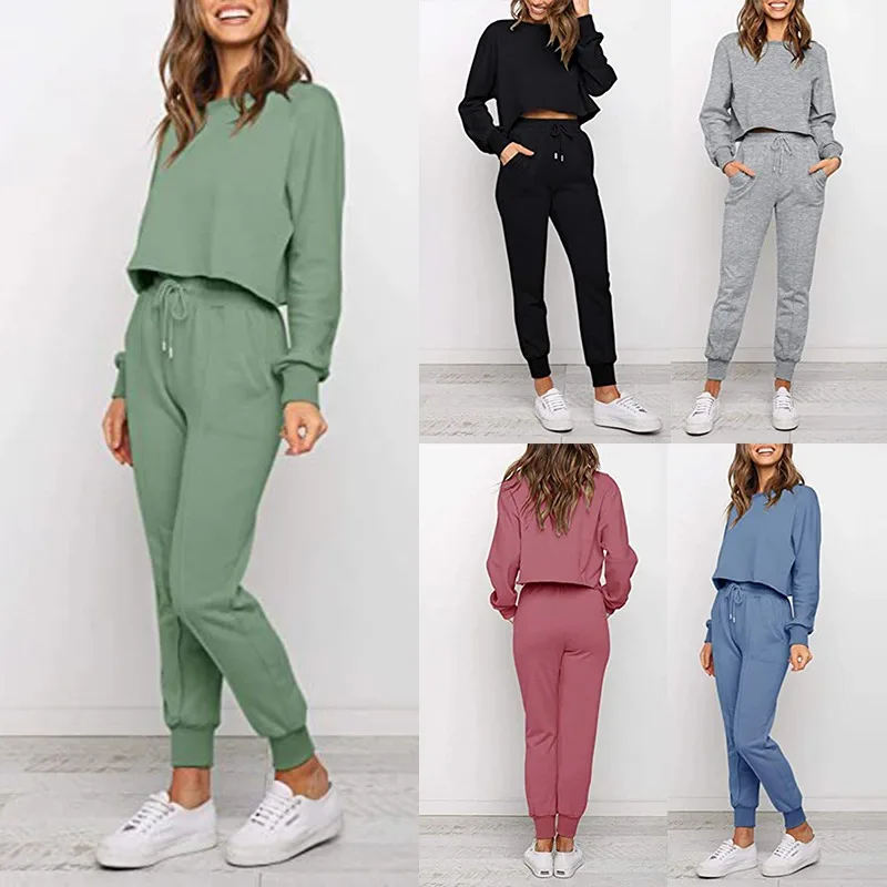 Solid Print Loose 2 Two Piece Set Women Outfit Streetwear Tracksuit Sweatshirt +Joggers Women Pants Matching Set Dropship