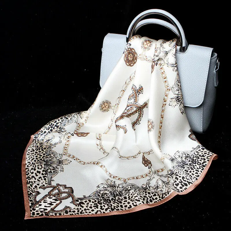 

100% Silk Scarf Women Stylish Small Bandana Shiny Kerchief Fashion Leopard Print Headband Turban 20.8 inches / 53x53cm