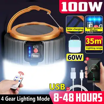 

100W 60W Solar LED Camping Light USB Rechargeable Bulb For Outdoor Tent Lamp Portable Lanterns Waterproof Emergency Lights