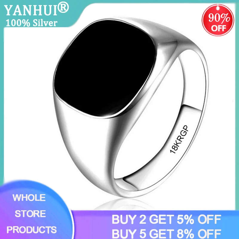 

YANHUI Luxury Big Black Onyx Gemstone Rings For Men 18K White Gold Color Punk Cool Jewelry Ring Men Accessory Gift R0378