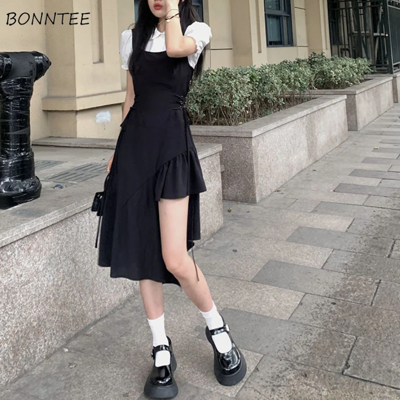 

Short Sleeve Dress Womens Asymmetrical Daily Leisure Fashion French Style Vintage Summer Design Sweet Teenagers Turn-down Collar