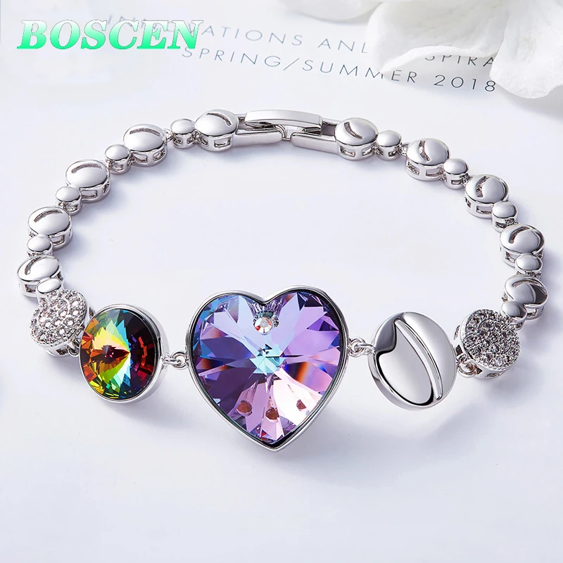 

BOSCEN Embellished With Crystals From Swarovski Heart Colorful Bracelet For Women Girl Birthday Gift Love Blue 2019 Simple