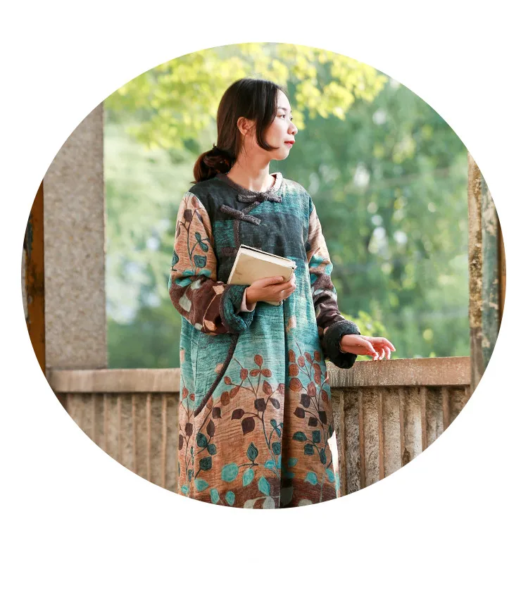 LZJN Women's Ethnic Winter Dress Vintage Chinese Style Soft Fleece Lined Warm Thicken Printed Maxi Coat Pullover with Pockets  (13)