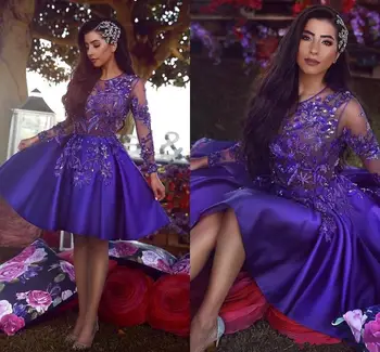 

Arabic Royal Purple Short Cocktail Homecoming Dresses 2021 Vintage Long Sleeve A Line Sheer Neck Applique Beaded Dress Prom Gown