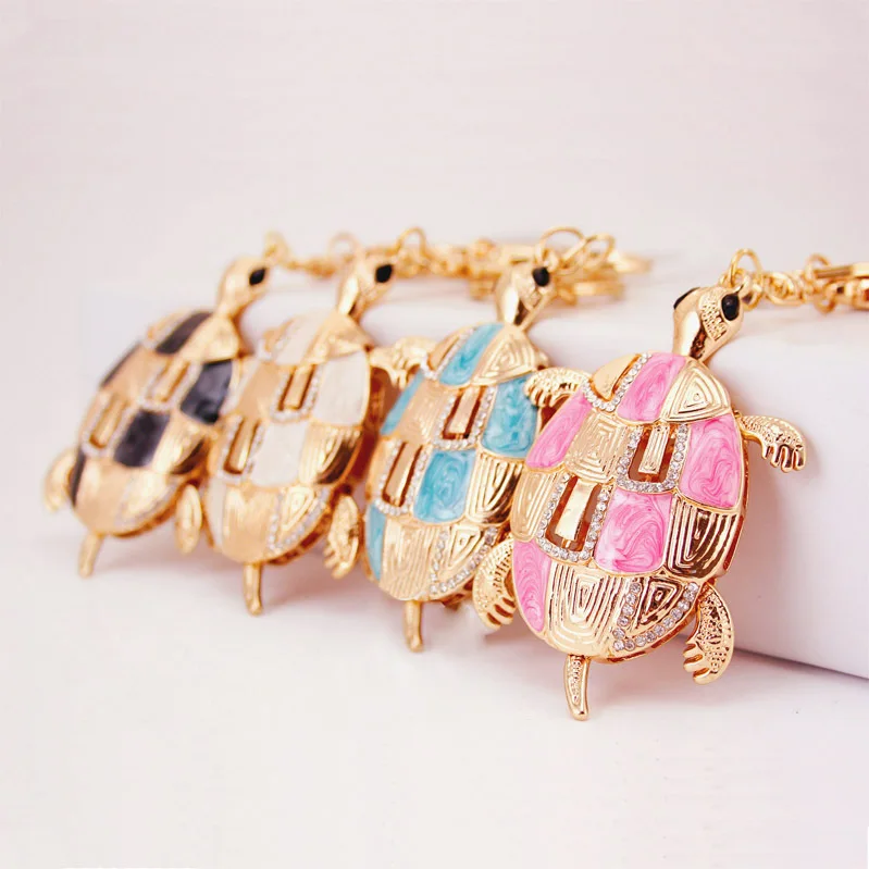 

Glitter Enamel Alloy Animal Turtle Key Chain Pendant Gold Tone Lobster Clasp Key Ring Holders Women Bag Accessories Decoration