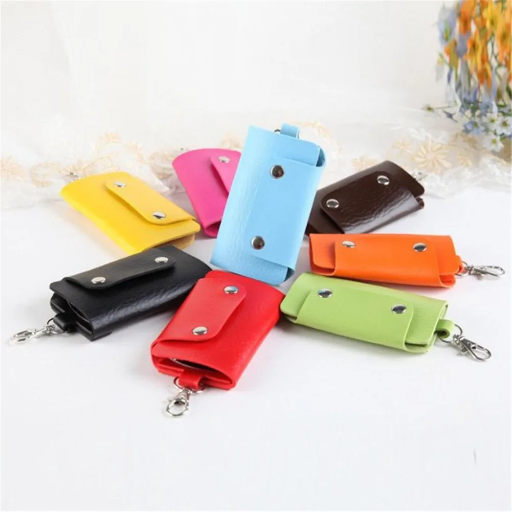 1 PC Portable Leather Housekeeper Holders Car Keychain Key Holder Bag Case Unisex Wallet Cover Simple Solid Color Storage Bag