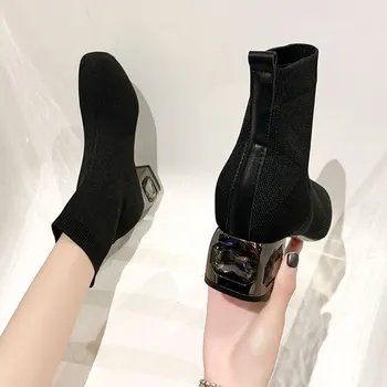 

Med Heel Boots Boots-women Sock Shoes Luxury Designer Booties Woman 2020 High Heels Winter Footwear Stockings Fashion