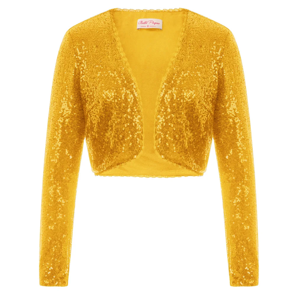 Golden Belle Poque, женские блестящие куртки с блестками и длинным рукавом, укороченная длина, открытая передняя часть, болеро, пальто Шраг, Модный женский кардиган, куртки - Цвет: Golden