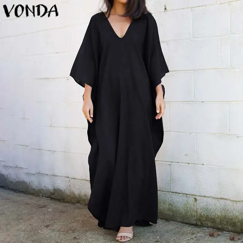 Women Dress Summer Sundress VONDA Sexy V Neck Bohemian 3/4 Sleeve Dress Plus Size Casual Loose Party Beach Vestido - Цвет: Черный