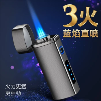 

New Type of Electronic Sensor with Cigar Cutter 3 Jet Flame Straight Metal Windproof Gas Lighter Gift