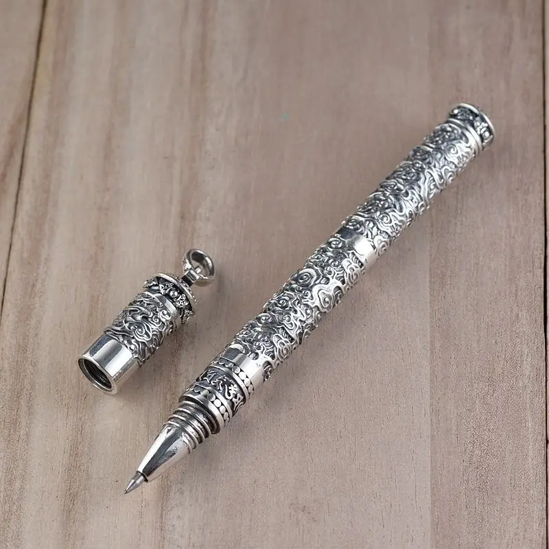 Pure Silver Sterling 925 Silver Pen Gift For Men Vintage Carved Openwork  Business Ballpoint Pen S925 Jewelry