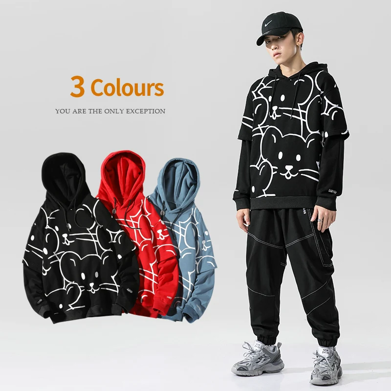

Korean Style Personality Fake Two Pieces Sweatshirts Men Casual Loose Mixed Colors Sweatshirts Men M-5xl