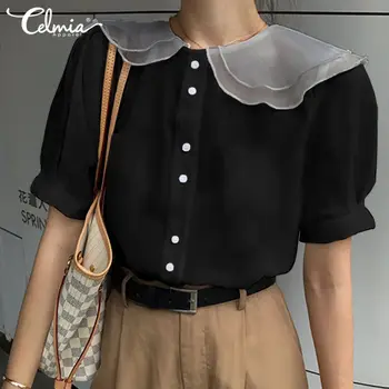 

Women Sexy See-through Blouse Celmia 2020 Summer Casual Short Sleeve Lapel Mesh Tops and Shirt Plus Size Elegant Blusas Feminina