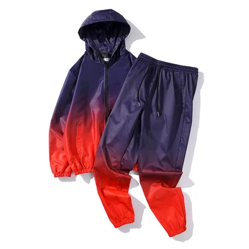 

Color Block Loose Casual Two Piece Set Men and Women Plus Size Hooded Windbreaker Jacket & Joggers Drawstring Pants Tracksuit