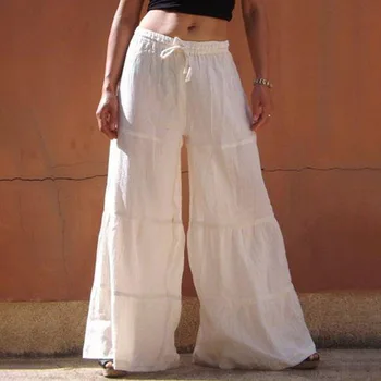 

Women Cotton Linen Wide Leg Pants Elastic Waist Wide Leg Pants Summer Autumn Trousers Vintage Casual Long Pants Plus Size