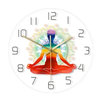 

Rainbow Watercolor Meditation Spiritual Yoga Pose Modern Simple Wall Clock Healthy Zen Scale Round Style Non -Ticking Wall Clock