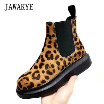

New Round Toe Martin Boots Woman Sexy Leopard Slip On Real Leather Boots Cozy Thick Bottom Mixed Color Winter Boots For Women