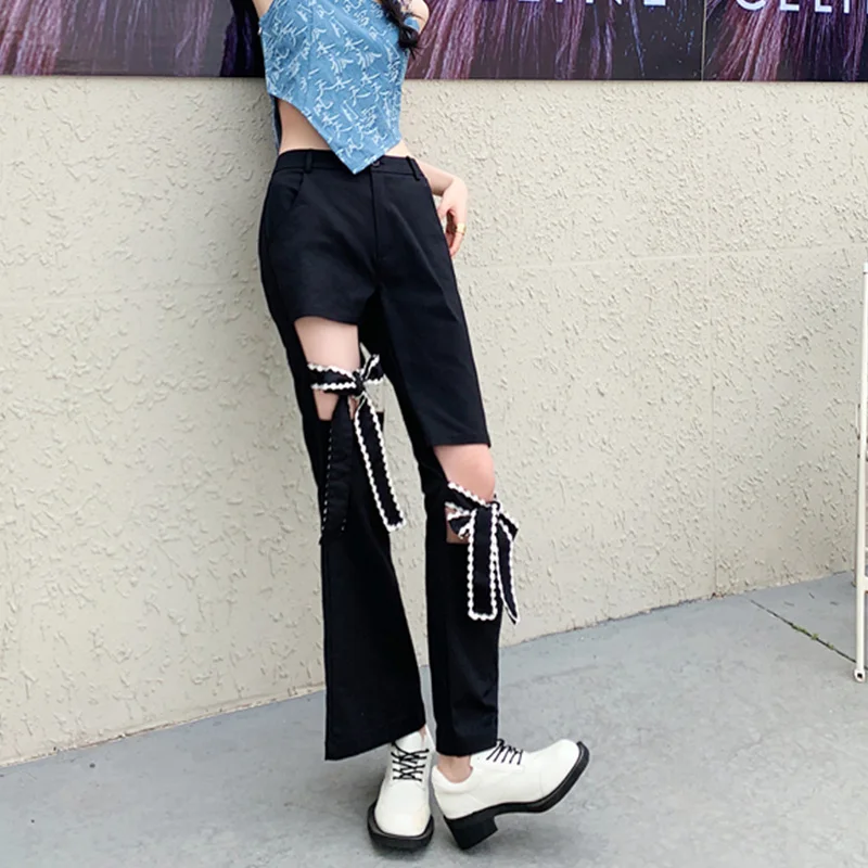 

Gothic Irregular Bow Black Trousers Streetwear Women Hole Harajuku Korean Fashion Cargo Pants High Waist Punk Pantalones Mujer