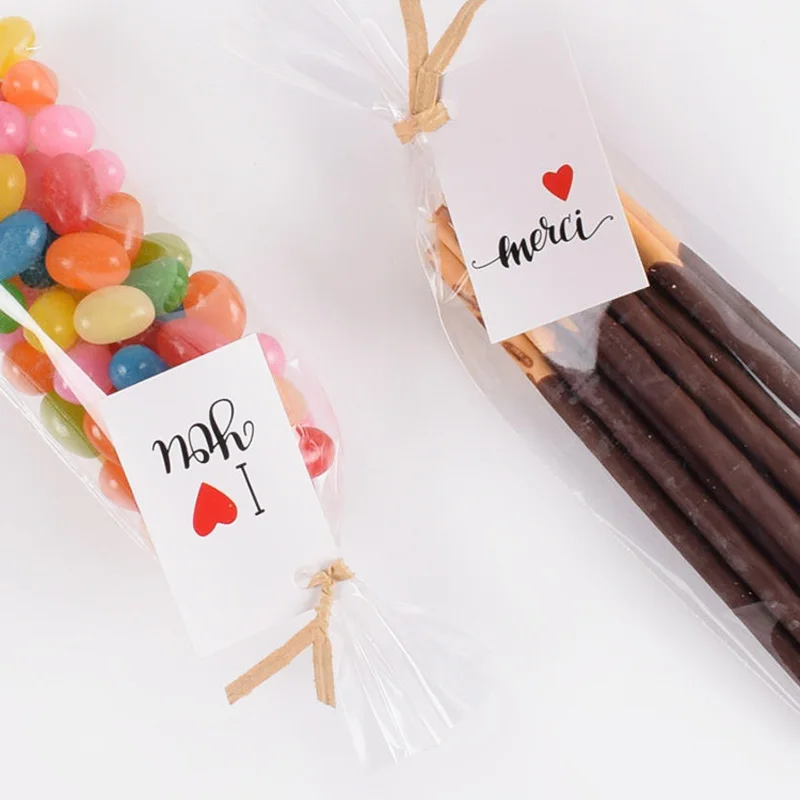 

20pcs Finger Cookies Plastic Bag I Love You Merci Paper Card Chocolate Biscuit Gift Packing Bag Long Transparent OPP Bags