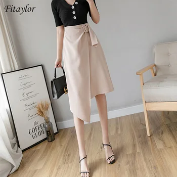

Fitaylor High Waist Asymmetrical Spring Summer Women Solid Color Slim Fit Midi Skirt Office Lady Black Beige Medium Skirts