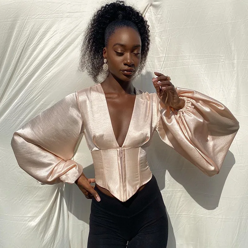 

Low-cut Sexy V Neck T-shirts Women Casual Loose Lantern Long Sleeve Solid Shirts T Female Winter 2020 New Bodycon Hot