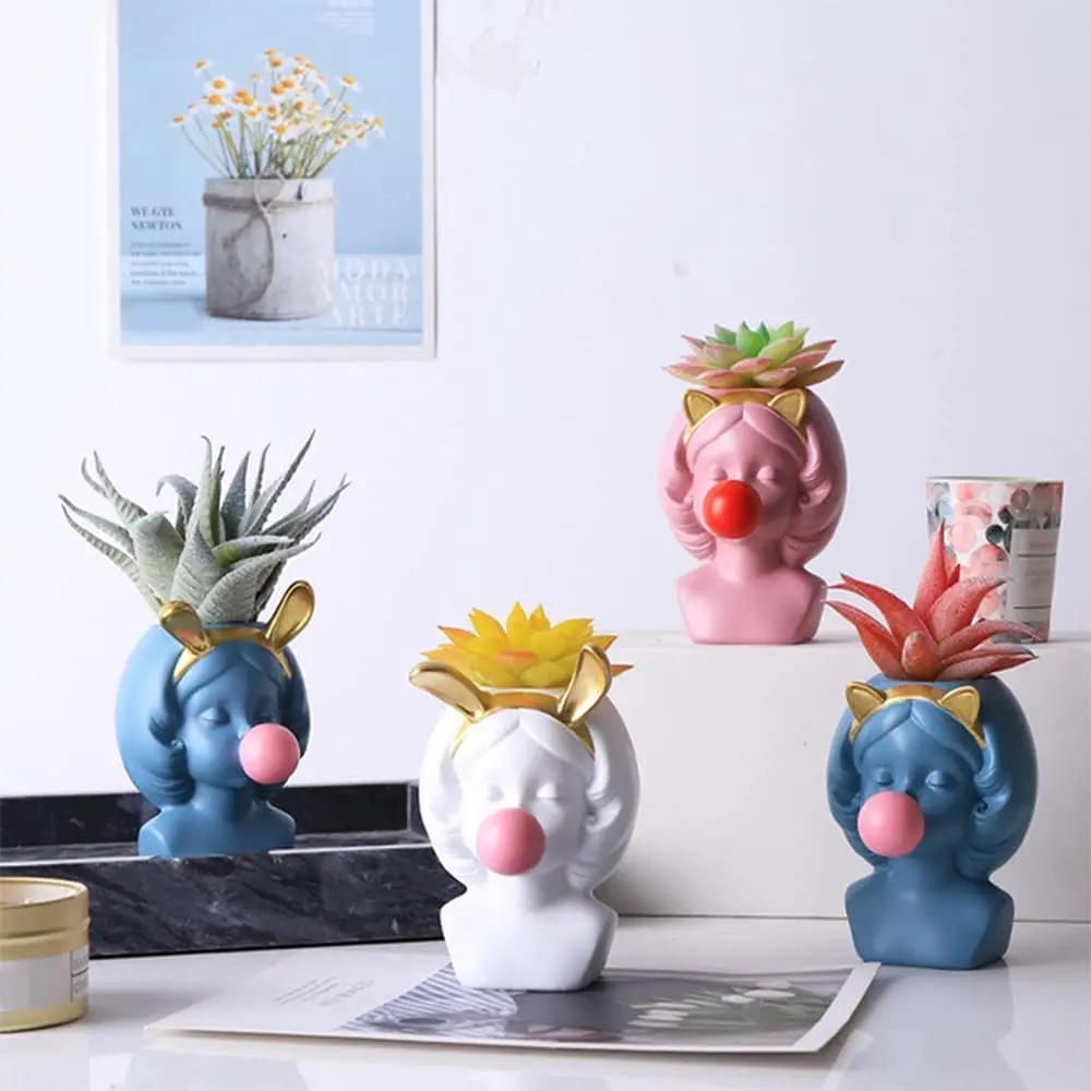 Funny Head Vase Statue Planter Pot Girl Blowing Bubbles Face Flowers