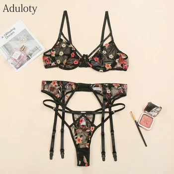 

ADULOTY New women Sexy Lace Mesh Bra Set Flower Embroidery Light thin Garter Underwear Sets Female Sexy Lingerie Lace Floral Bra