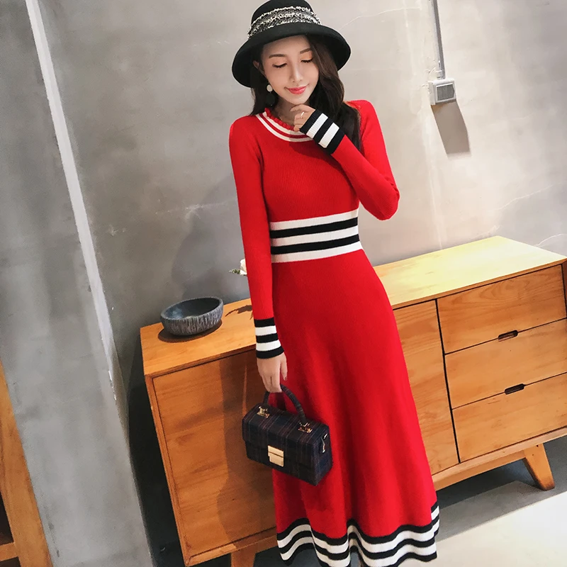 

Autumn Winter Elegant Striped Knitted Party Long Dress Women Robe Femme Vestido Slim Runway Red Vintage Pullovers Sweater Dress