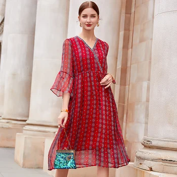 

Women Silk 100% Nature Summer Dress 2020 Spring Elegant Vintage Ladies Party Sexy Boho Floral Red Dress Vestidos De Festa AS632