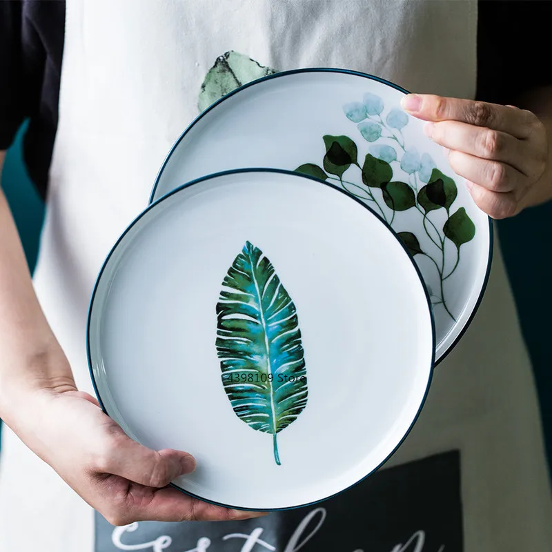 Скандинавская посуда керамическая тарелка для завтрака тарелка для стейка зеленая растительная круглая тарелка домашняя посуда ресторанная доска для обслуживания