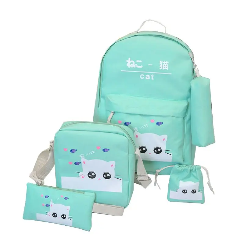 Зеленый 5pcs Adorable Cute Cat Print Canvas Women Girl Backpack Laptop Daypack Student School Shoulder Bag Bookbag Pencil Case Purse Set - Цвет: Зеленый