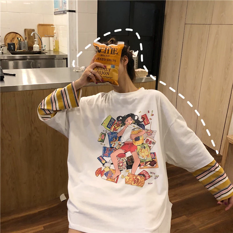Lychee Harajuku, женские футболки в полоску, 2 шт., топы, футболки с героями мультфильмов, женская футболка, топ, футболка, пэчворк, женские футболки