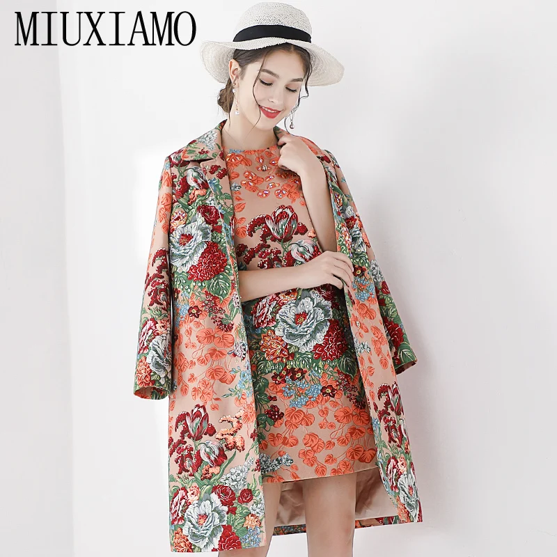 MIUXIMAO подиумная осенне-зимняя куртка для женщин бриллианты цветок печати пальто Vestidos+ бриллианты цветок печати платье для женщин