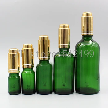 

2/10pcs 5ml 10ml 15ml 20ml 30ml 50ml 100ml Empty Green Essential Oil Bottle Light Gold Press Pump Dropping Cover with Pipette