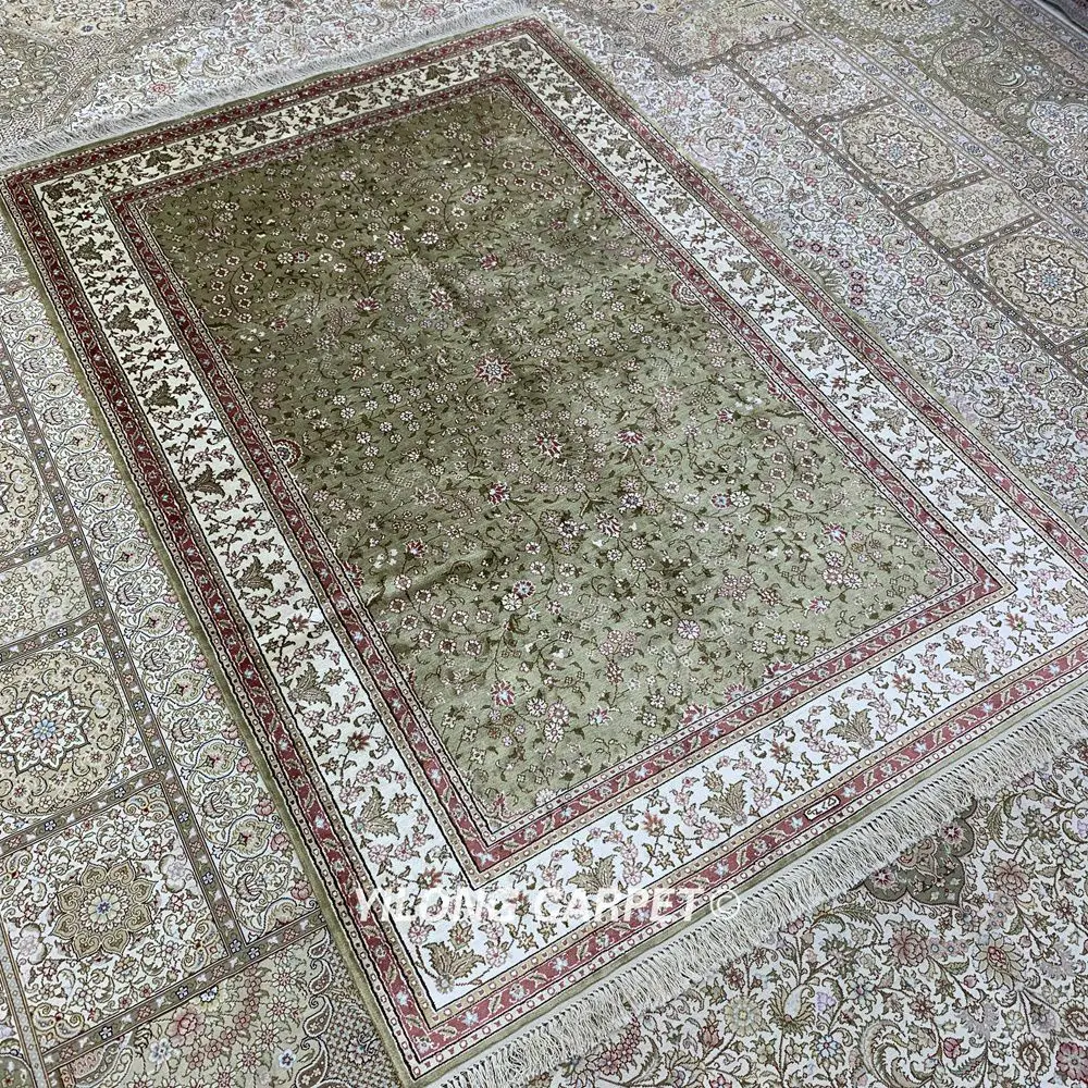 YILONG 4'x6' шелковые персидские ковры ручной работы зеленый Восточный изысканный цветочный ковер (HF303B)